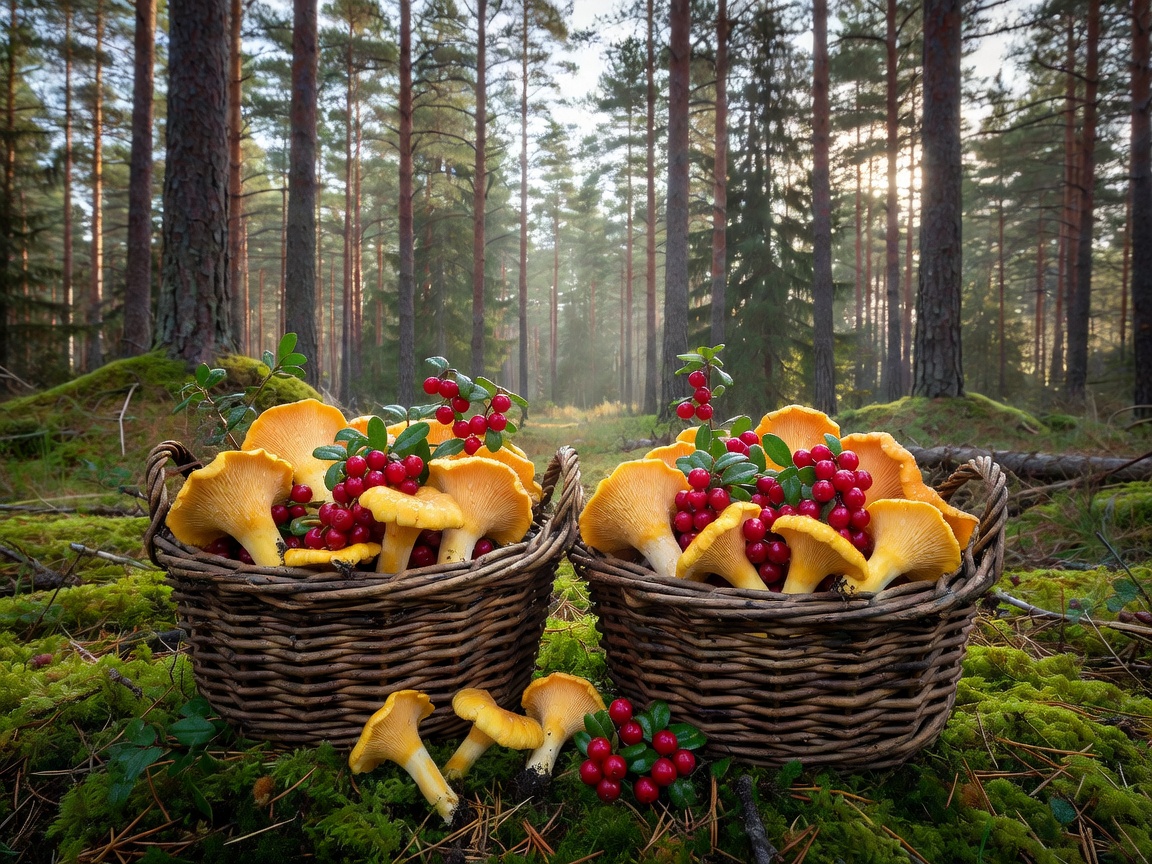 Baskets filled with freshly picked golden chanterelles and red lingonberries in a Scandinavian pine forest