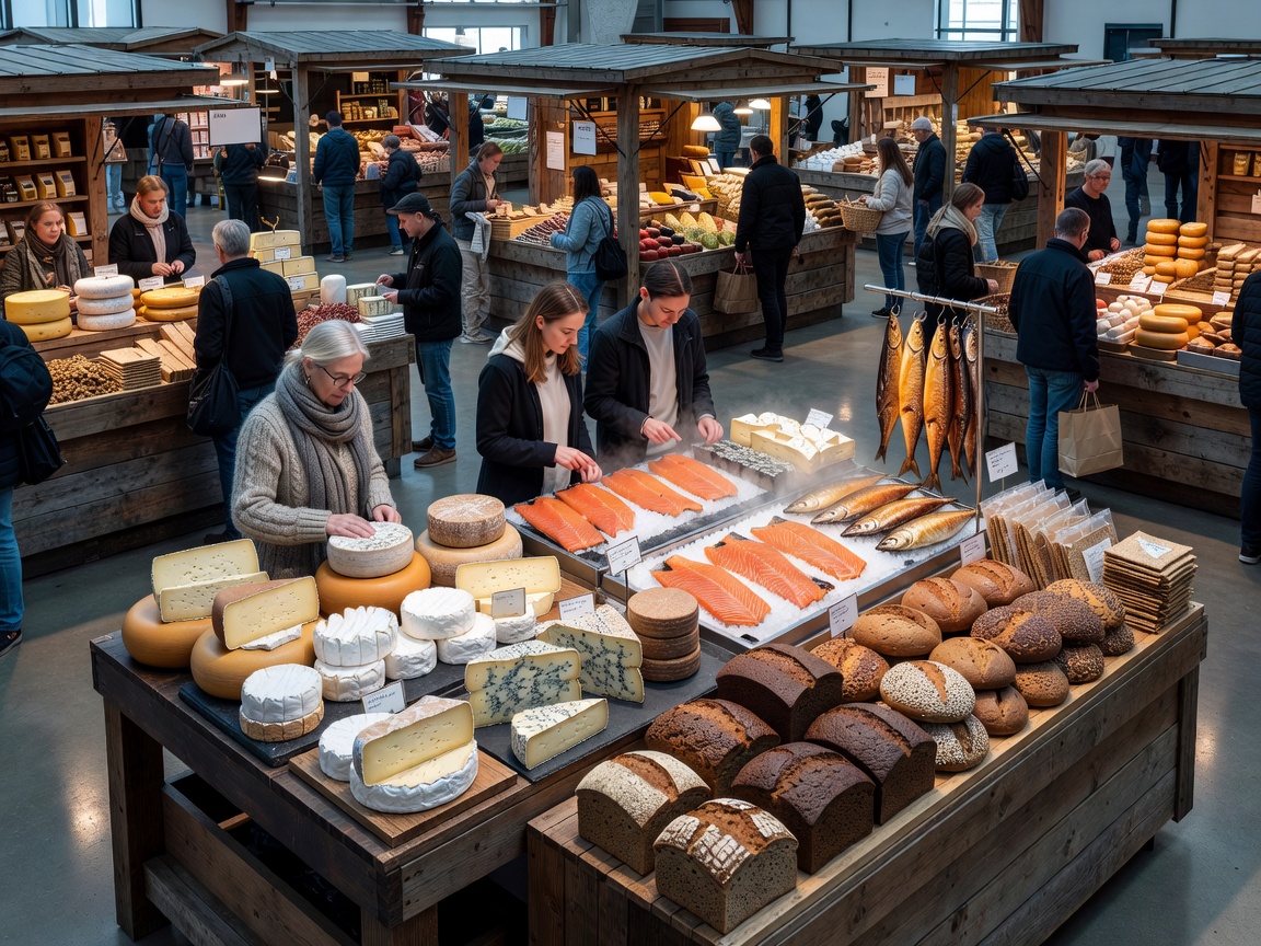 Bustling indoor Nordic food market with artisan cheese counters, fresh smoked salmon, and rye bread stalls