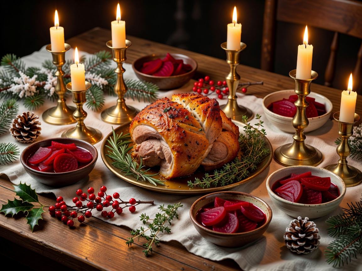 Candlelit festive winter dining table with carved roasted pork, pickled beet bowls, and brass candlesticks