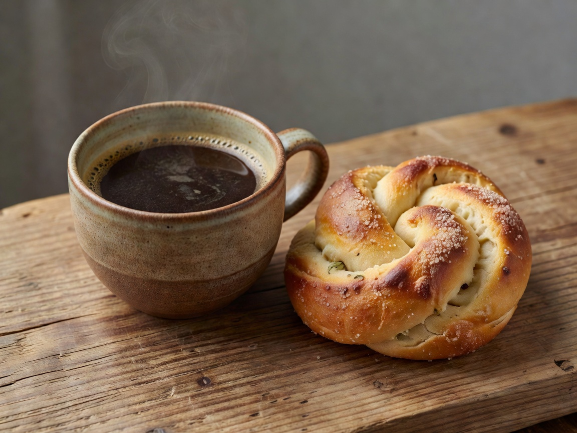 Ceramic coffee cup with dark filter coffee next to a freshly twisted cardamom bun on natural wood