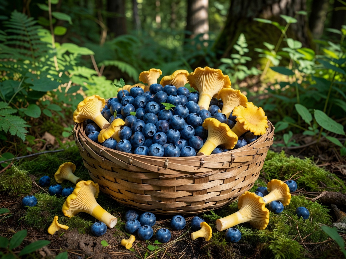 Freshly harvested wild forest blueberries and chanterelles resting in a woven wooden basket