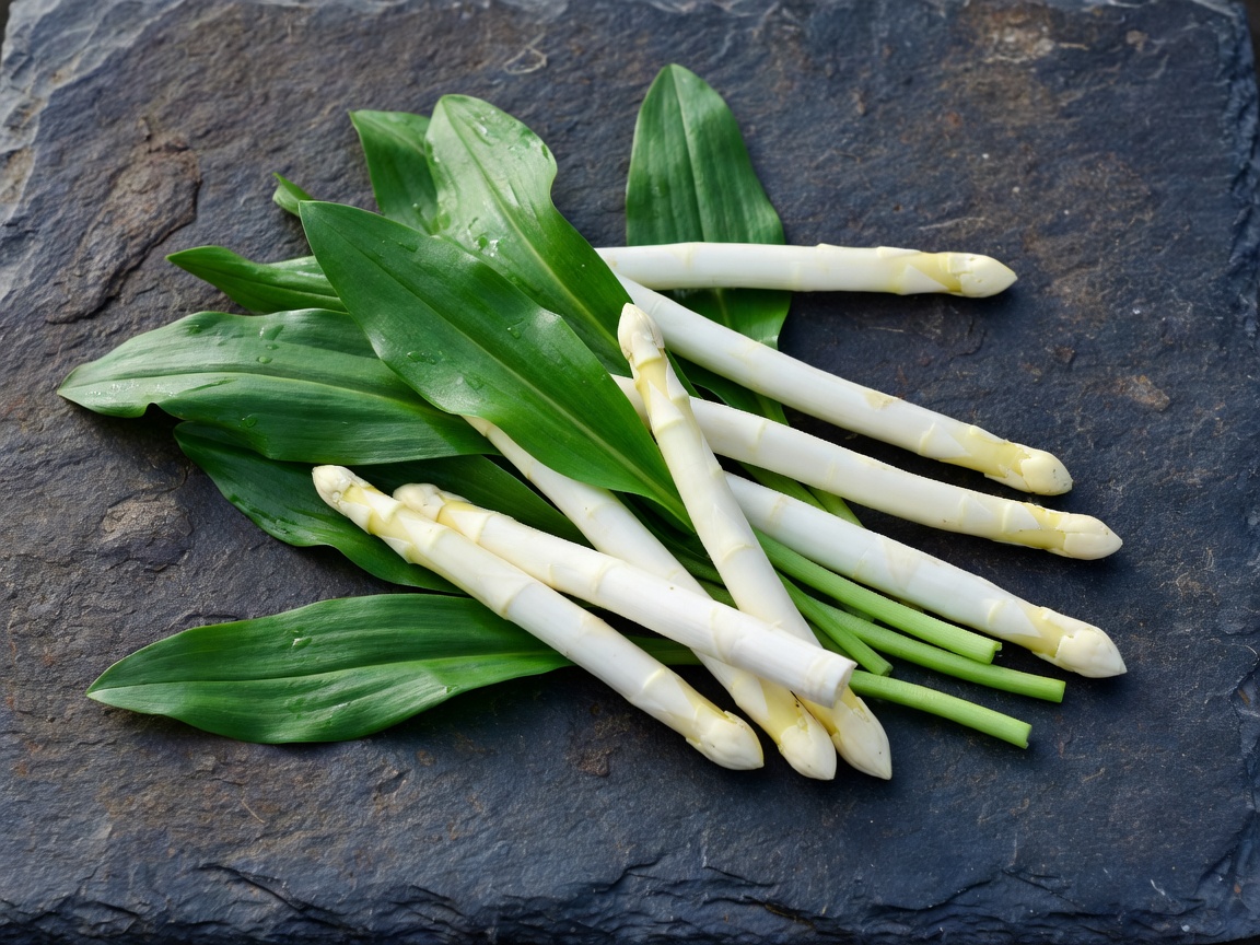 Freshly picked wild ramsons leaves and white asparagus spears on a rustic slate surface