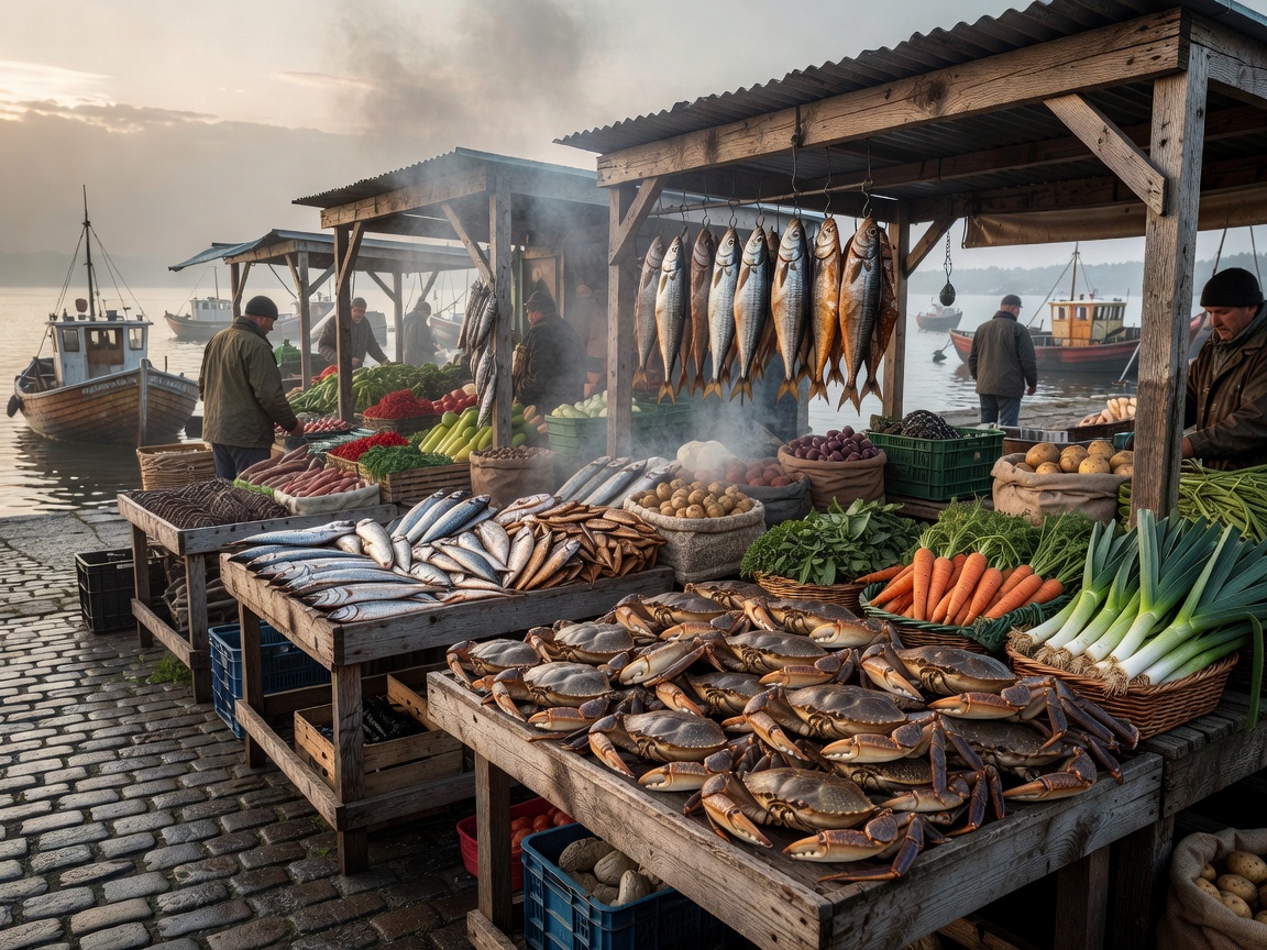 Harbor wooden stalls selling freshly landed brown crab, smoked fish, and seasonal vegetables