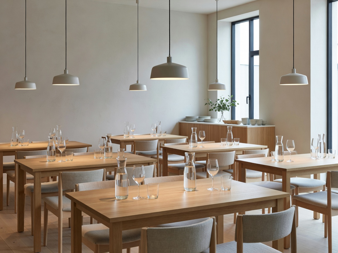 Interior of a modern Scandinavian casual bistro with oak tables, low pendant lighting, and glassware