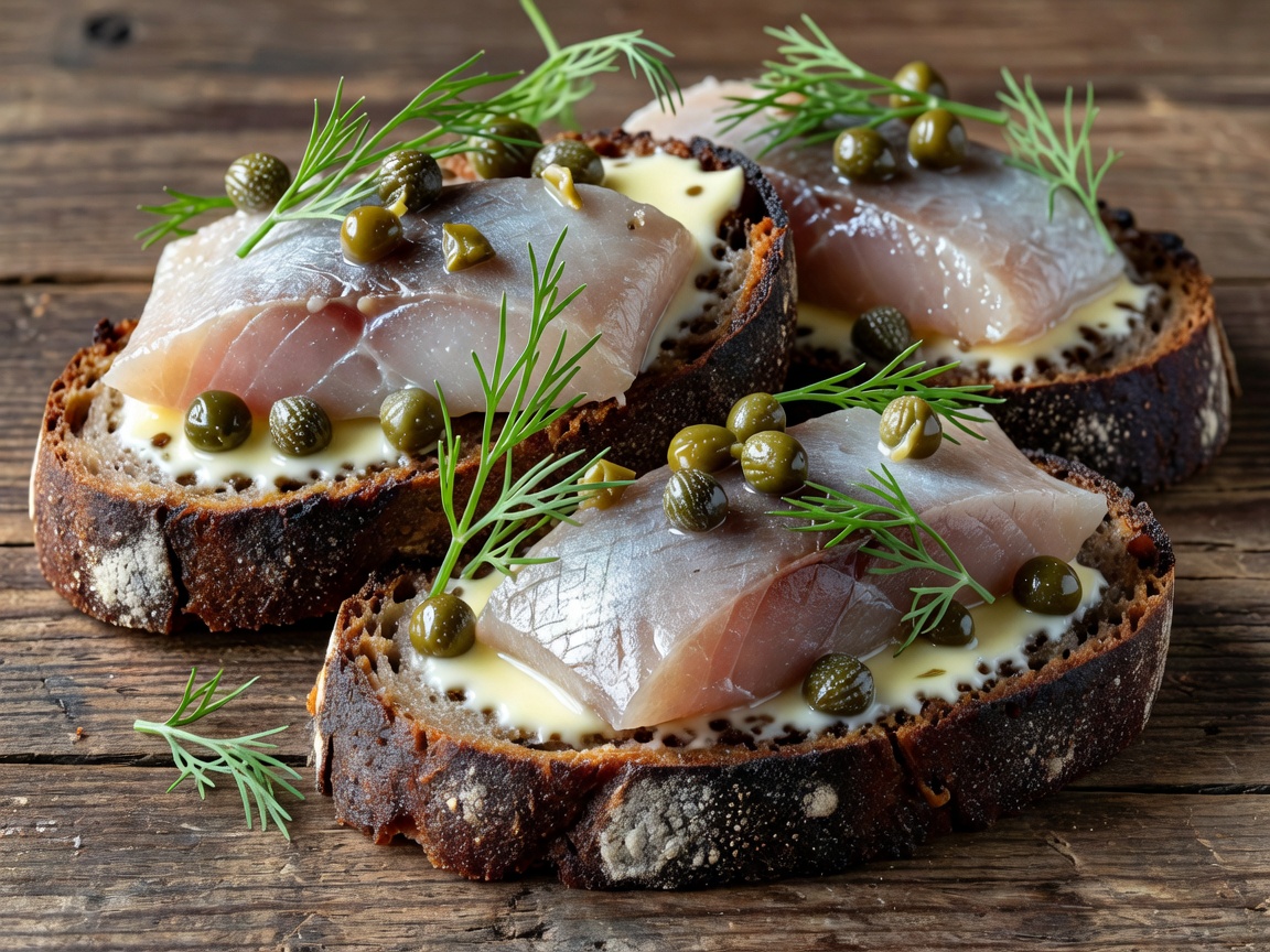 Pickled herring fillets served on buttered dark sourdough rye with capers and fresh dill sprigs