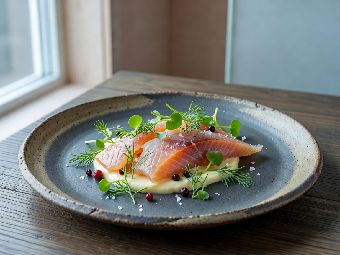 Plated contemporary Nordic dish with smoked fish and herbs on rustic ceramic plate