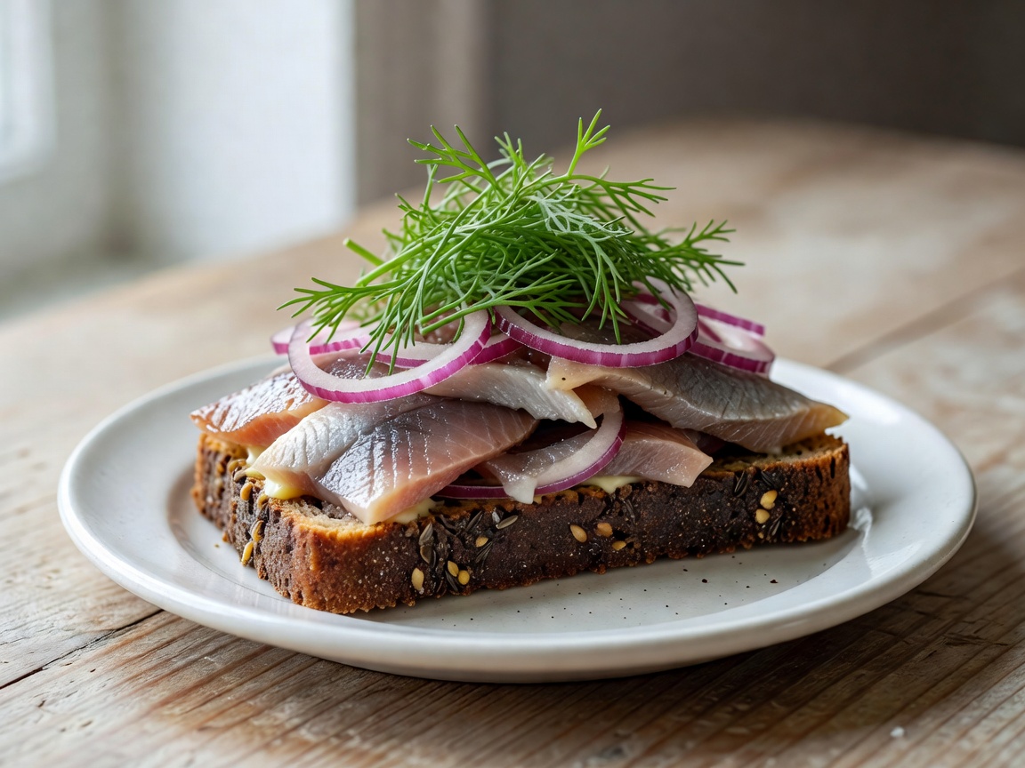 Traditional Danish open-faced sandwich topped with pickled herring, fresh dill, and red onion on dark rye bread