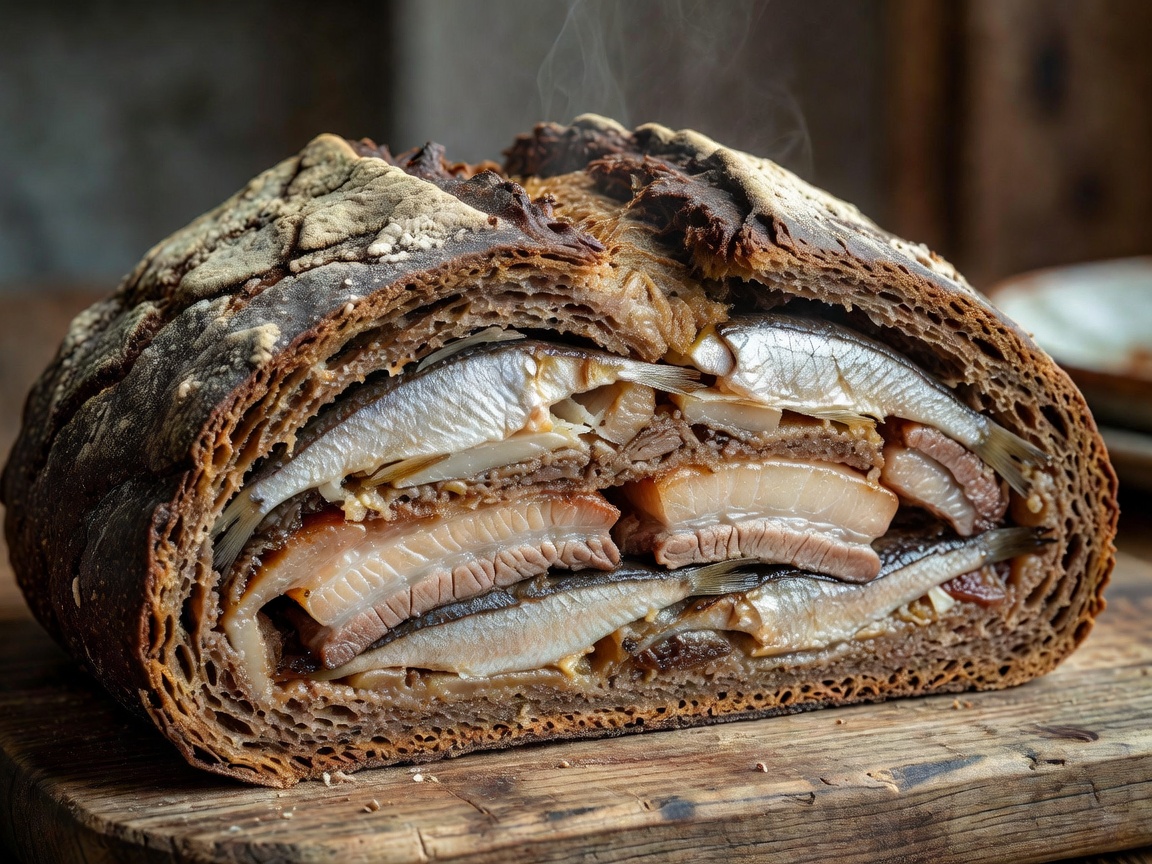 Traditional Finnish rye crust bread loaf sliced open revealing layers of baked vendace fish and pork belly