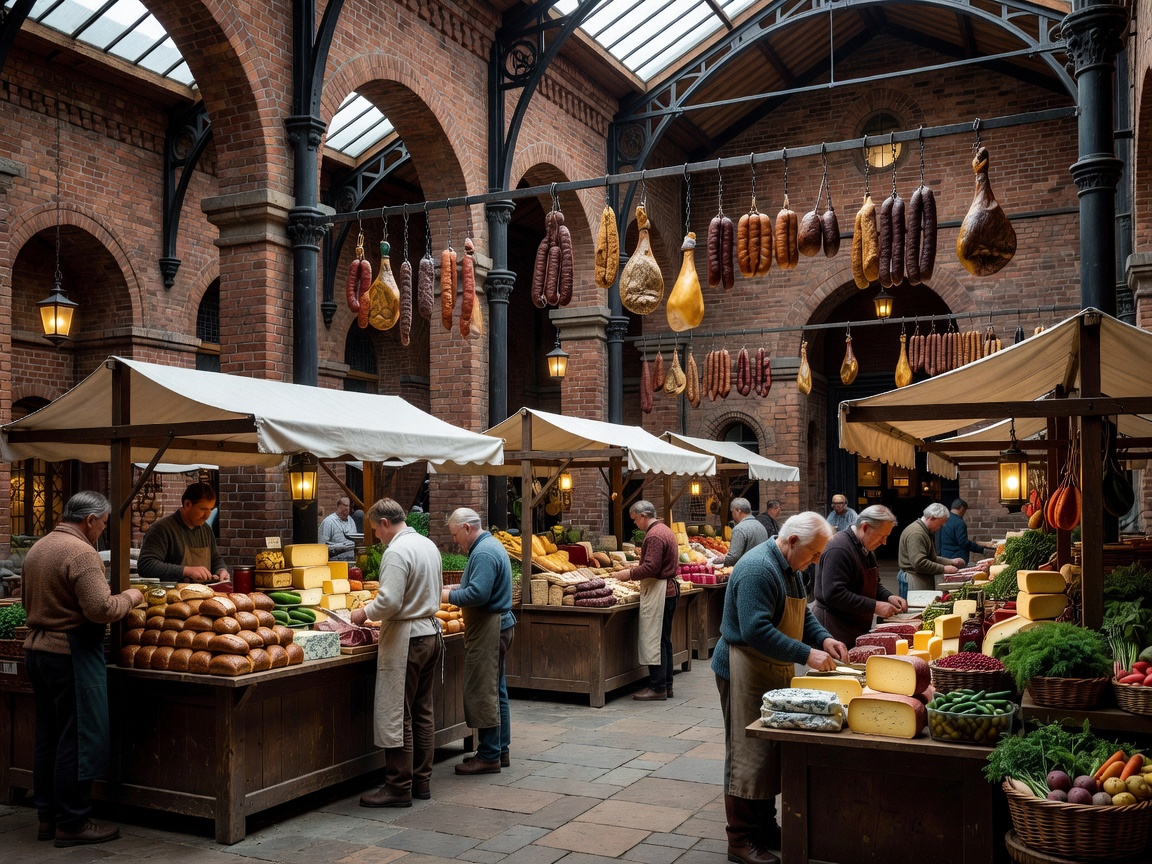 Victorian brick interior of a Scandinavian covered food market with vendor stalls and hanging charcuterie