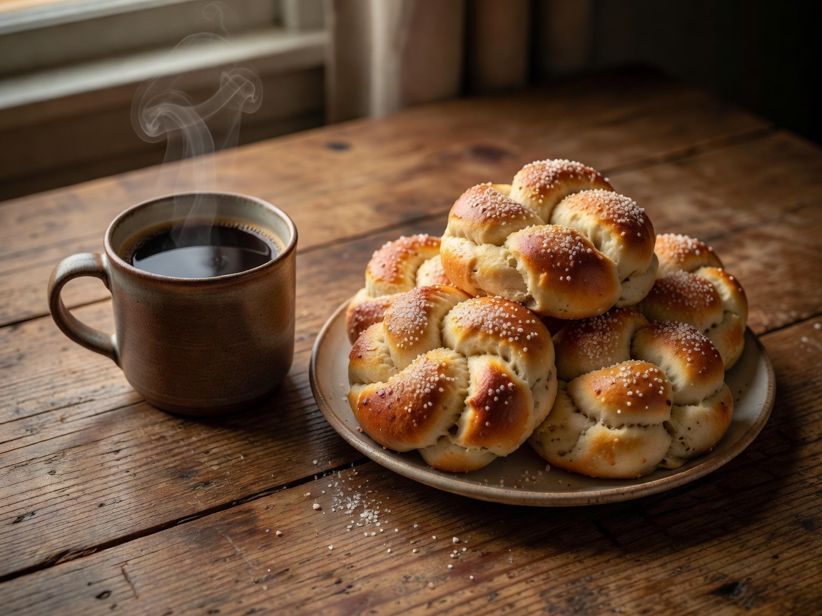 Warm steaming black coffee alongside freshly baked Swedish cardamom buns on a rustic oak table