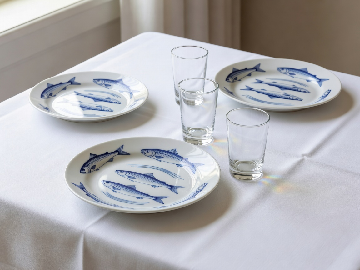 White porcelain service featuring traditional herring plates and schnapps glasses on a starched linen table